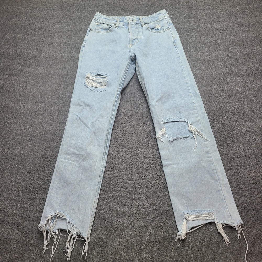 Adika Distressed Jeans Womens XS‎ Light Blue Cow Print Pockets Distressed Denim